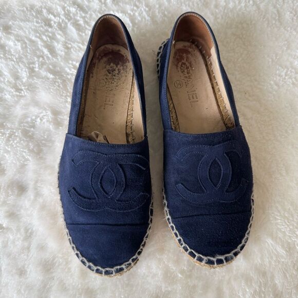 Chanel Navy Blue Suede Espadrilles Flats Size 37 EU 6.5 US